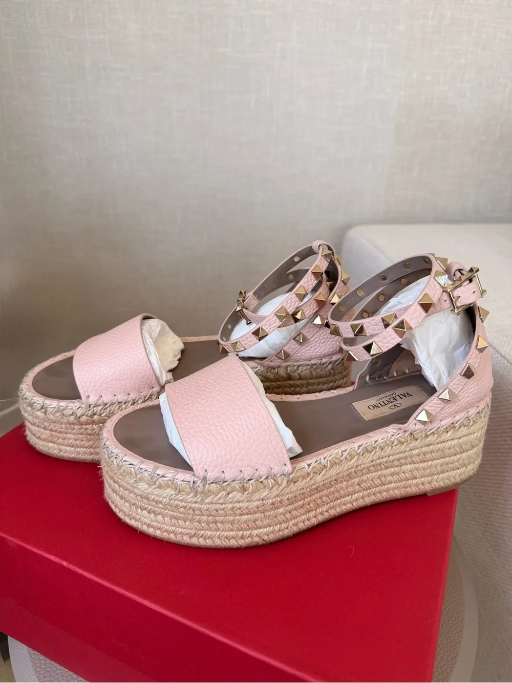 Valentino Garavani Blush Pink Studded Espadrille Platform Sandal
